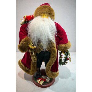 Santa Claus Christmas Figurine Vintage Red Corduroy Coat Faux Fur Trim Red Gold